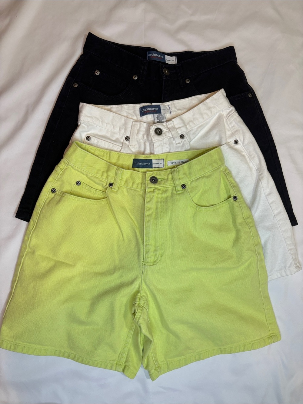 90s VTG Denim Mom Shorts Neon Highlighter Yellow White and Black Three Pack Set